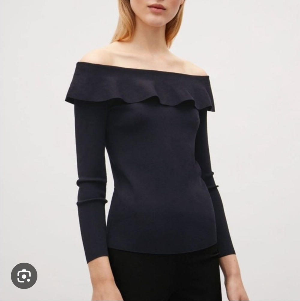COS Black Off-Shoulder Ruffle Fine Rib Knit Top Size Medium